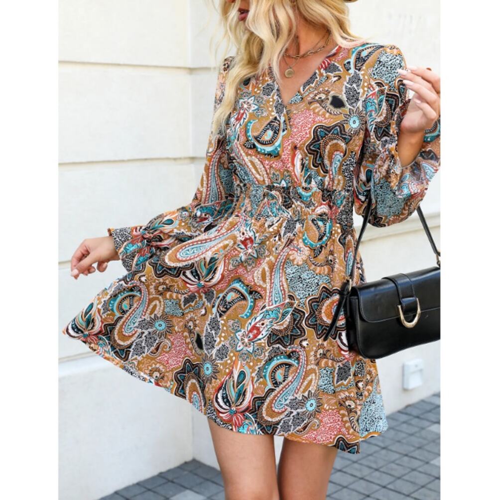 CUPSHE Women's Retro Paisley Tribal Print Puff Sleeve Ruffled Mini Dress Size L